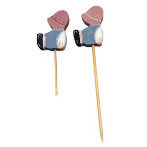 Vtg Wooden Amish-Themed Plant Stakes Hand-Painted Set Of 2 Folk Art Design READ